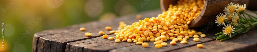 Golden flax seeds scattered on a wooden table with wildflowers nearby, flowers, rustic, plant life Golden flax seeds scattered on a wooden table with wildflowers nearby, flowers, rustic, plant life
