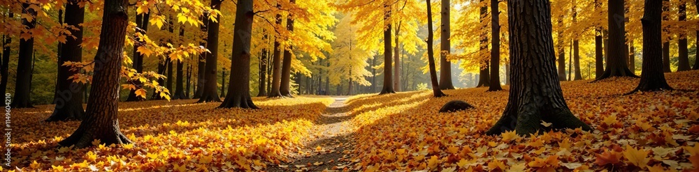 Golden aspens scatter across the forest floor like a sea of golden honey, woodland floor, trees, autumnal aspen leaves Golden aspens scatter across the forest floor like a sea of golden honey, woodland floor, trees, autumnal aspen leaves