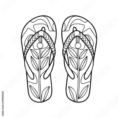 Doodle flip flop shoes in outline with flower pattern. Pair of slippers coloring page. Hand drawn shoes logo. Vector illustration