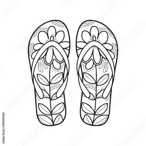 Doodle flip flop shoes in outline with flower pattern. Pair of slippers coloring page. Hand drawn shoes logo. Vector illustration