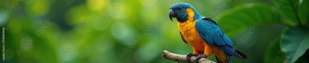 Large feathered bird perched on a branch with vibrant blue and yellow plumage, tropical, colorful, branch Large feathered bird perched on a branch with vibrant blue and yellow plumage, tropical, colorful, branch