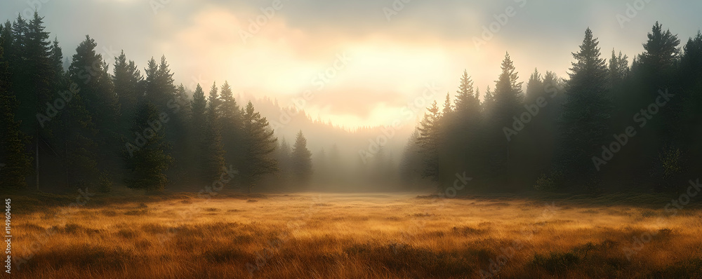 Fototapeta premium A serene forest landscape at dawn with mist and golden grass.