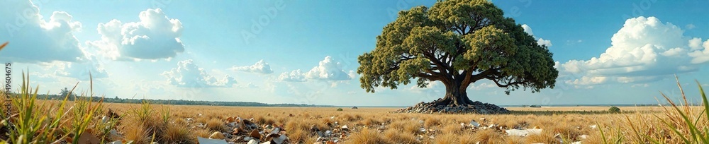 A massive tree formed from accumulated paper waste in a field, landscape, paper waste, abandoned A massive tree formed from accumulated paper waste in a field, landscape, paper waste, abandoned