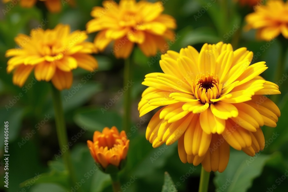 Blooming hardy mum in full bloom with yellow petals and dark center, blossoms, blooms, outdoor Blooming hardy mum in full bloom with yellow petals and dark center, blossoms, blooms, outdoor