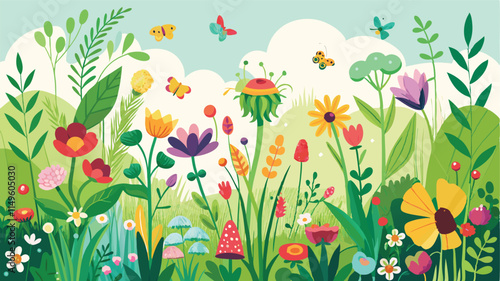  Border garden with wild flowers, herbs, and insects, Easter spring summer meadow background, nature, floral, environment