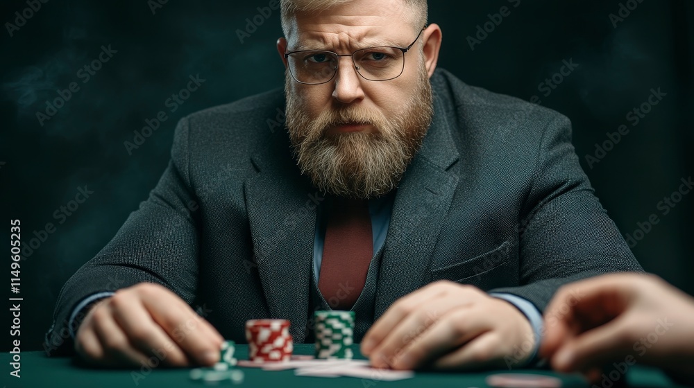 Serious Man at Poker Table with Chips and Cards in Dramatic Lighting Serious Man at Poker Table with Chips and Cards in Dramatic Lighting