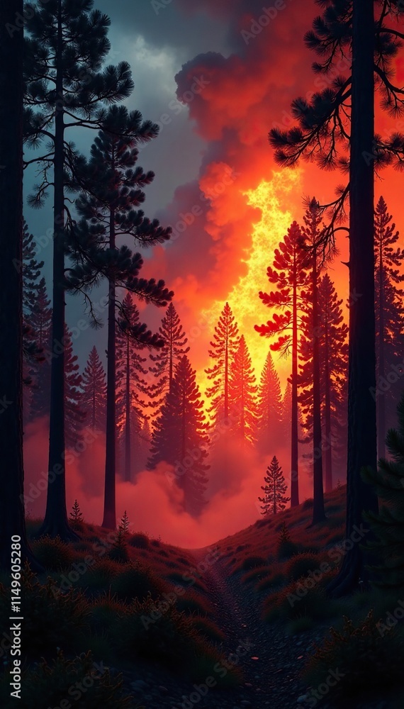 Burning pine forest landscape with towering flames, heat, blazing Burning pine forest landscape with towering flames, heat, blazing