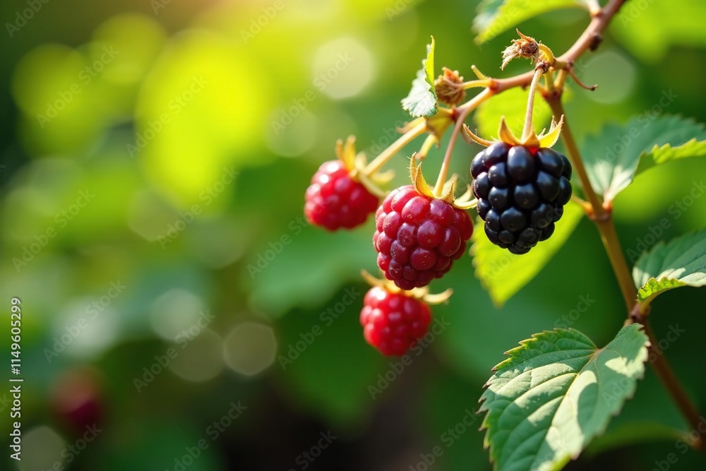 Bunch of black bush raspberries sprouting in a summer garden, branches, sunlight, wild raspberry Bunch of black bush raspberries sprouting in a summer garden, branches, sunlight, wild raspberry
