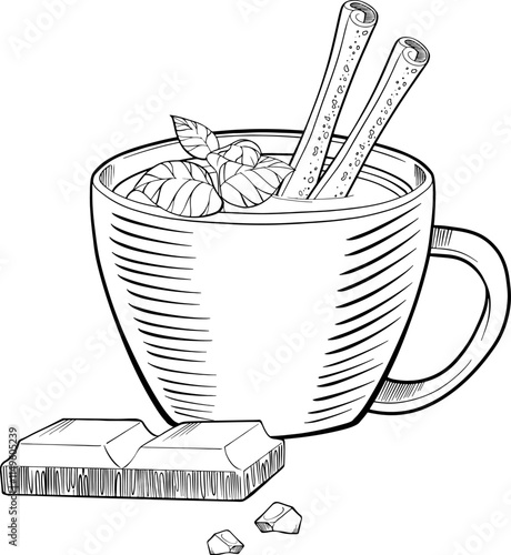 Clip art vector illustration of cup with hot chocolate with sliced chocolate and chips.