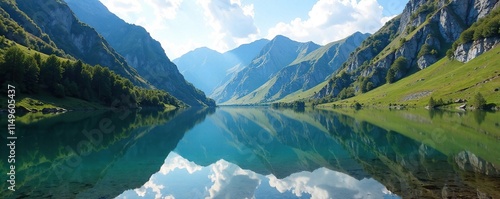 Reflection of Amtkel lake in the stillness of a mountain valley, peaceful, mountain valley photo