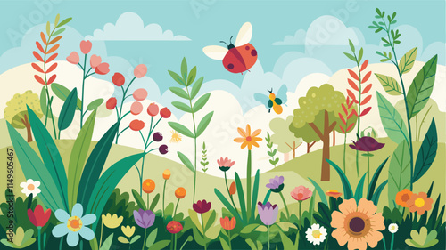  Border garden with wild flowers, herbs, and insects, Easter spring summer meadow background, nature, floral, environment