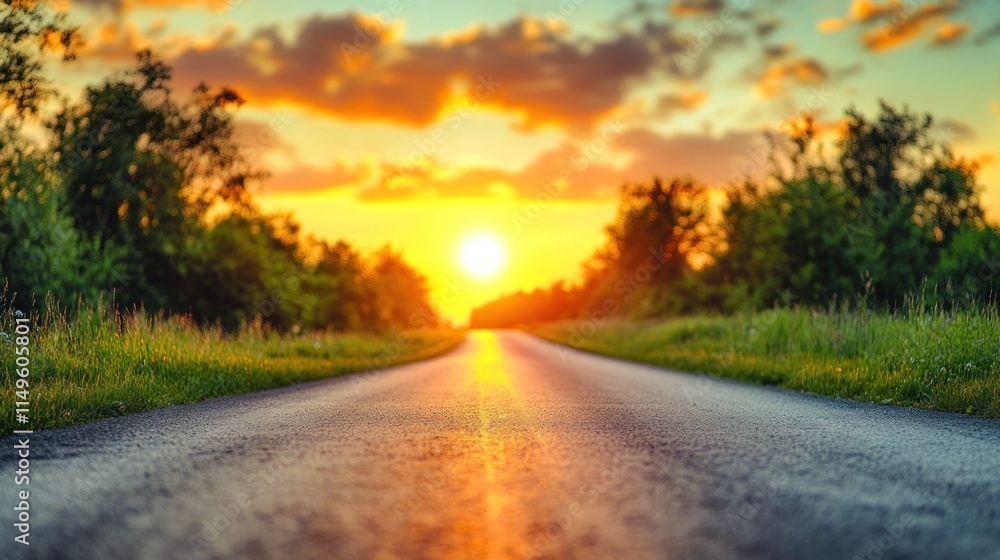 Sunset road scene with trees and grass. Sunset road scene with trees and grass.