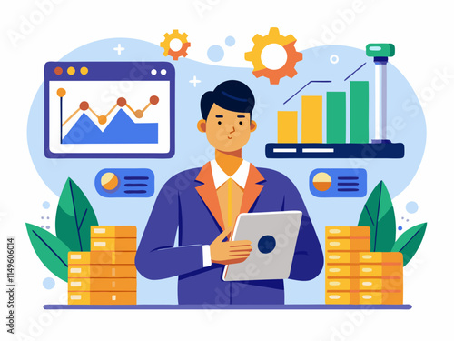 Optimizing resources for maximum output. This image captures a production supervisor analyzing production data, highlighting the use of data-driven decision making for improving .