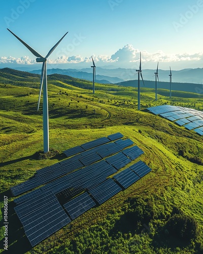 Rows of wind turbines with a solar energy storage facility in the background, showcasing renewable energy in a vast green landscape under a clear blue sky photo