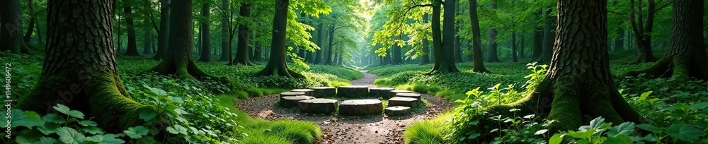 Forgotten stone circle in the heart of a dense forest, natural, woods Forgotten stone circle in the heart of a dense forest, natural, woods