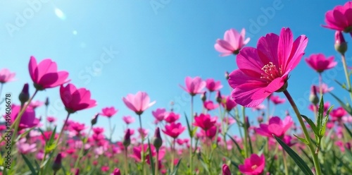 Fuchsia colored flowers of Dianthus gratianopolitanus La Bourboule against a blue sky, la bourboule, spring, dianthus