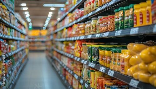 Wallpaper Mural Supermarket grocery store aisle with vibrant product displays, blurred background focusing on shelves filled with everyday essentials Torontodigital.ca