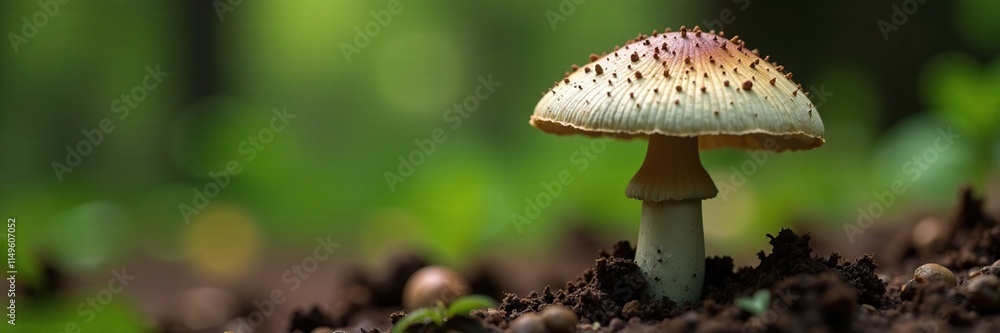 Inky cap of Coprinus mushroom with greyish-beige cap surface, tree roots, soil Inky cap of Coprinus mushroom with greyish-beige cap surface, tree roots, soil
