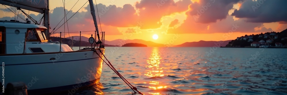 A sailboat is secured to a metal mooring at the port with a beautiful sunset view, sailing, nautical A sailboat is secured to a metal mooring at the port with a beautiful sunset view, sailing, nautical
