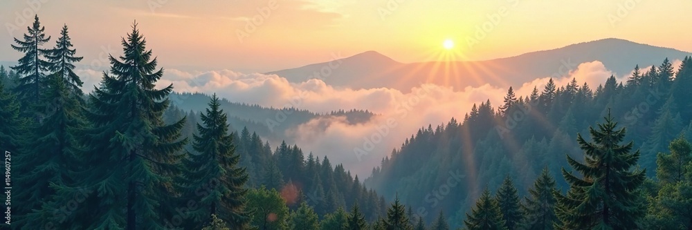 Fototapeta premium Misty forest scene of fluffy spruce trees in morning light, dawn, light