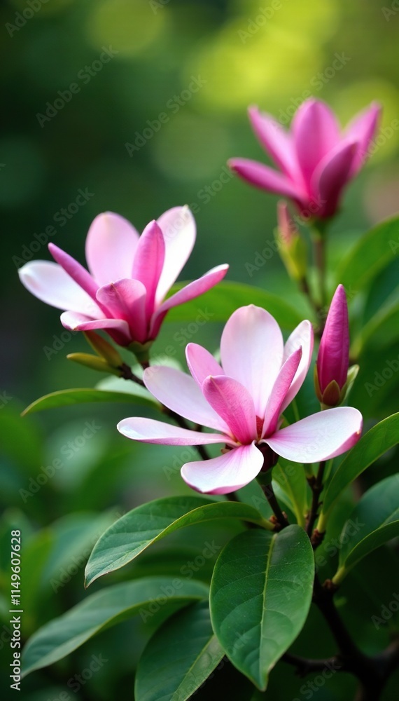 Pink magnolia flowers blooming in a lush green garden, blooms, magnolias, flowers Pink magnolia flowers blooming in a lush green garden, blooms, magnolias, flowers