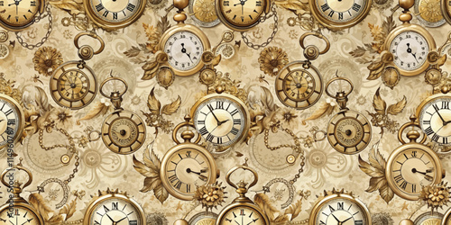 Intricate vintage clock pattern featuring golden timepieces and ornate details.