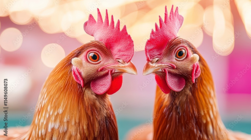 Fototapeta premium Two Colorful Chickens with Vibrant Feathers Against a Soft Background