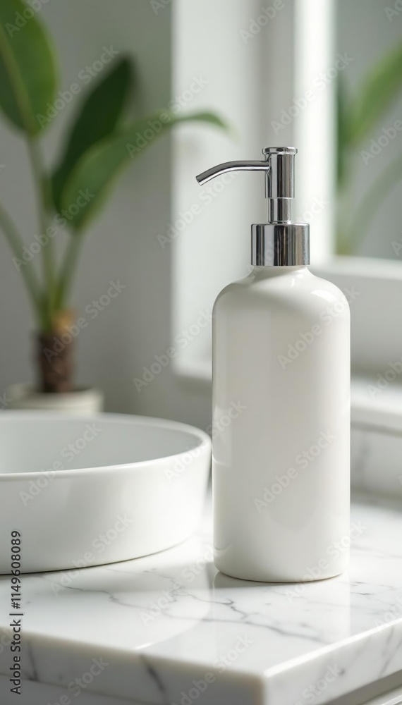Sleek soap bottle with chrome pump on marble countertop, accessory, chrome, soap Sleek soap bottle with chrome pump on marble countertop, accessory, chrome, soap