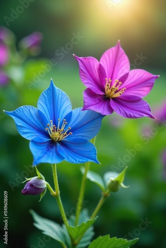 Double Columbine flowers blooming in a blue garden, garden flowers, columbine flowers photo