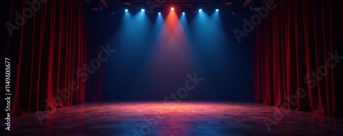 Empty theater stage with spotlight shining on a single point in the darkness, performance space, center stage photo