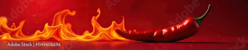 Spicy hot chilli pepper on fire in red background, heat, vibrant, red