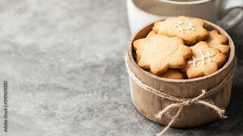 A cozy bowl of star-shaped cookies sits on a textured surface beside a cup, inviting warmth and enjoyment.