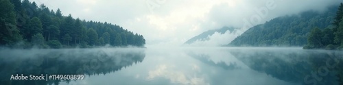 The misty atmosphere of a secluded lake creates an illusion of floating clouds, atmosphere, floating, optical effects photo