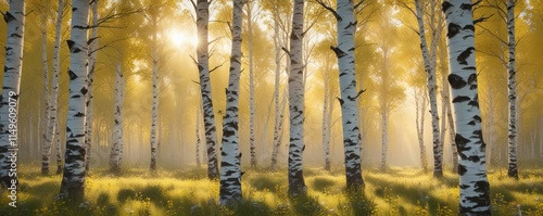 The soft colors of sunrise illuminate a birch forest with yellow flowers, woodland scene, outdoor photography