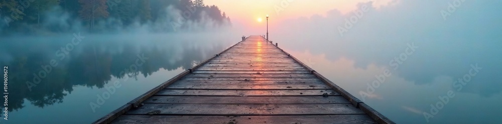 Fototapeta premium A pier's wooden slats glisten in the foggy water, reflection, stillness