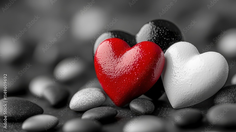 Fototapeta premium Red Heart Love Valentines Day Romantic Hearts Pebbles Background