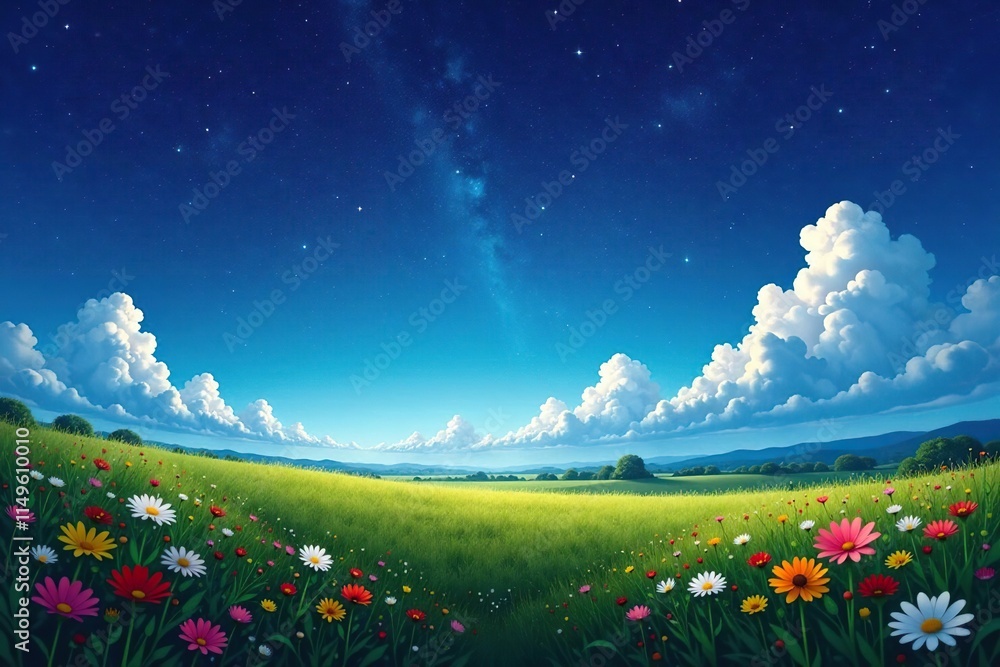 Obraz premium A vast open field with wildflowers and a bright blue sky under a starry night, sky, clouds, open