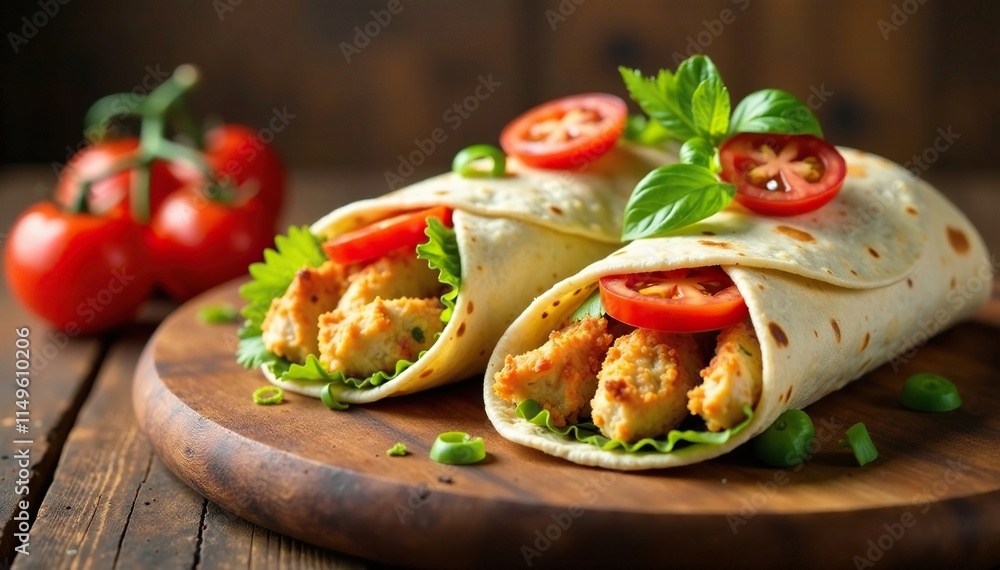 Chicken tortilla wrap with fresh sliced tomatoes on a wooden table, food styling, restaurant Chicken tortilla wrap with fresh sliced tomatoes on a wooden table, food styling, restaurant