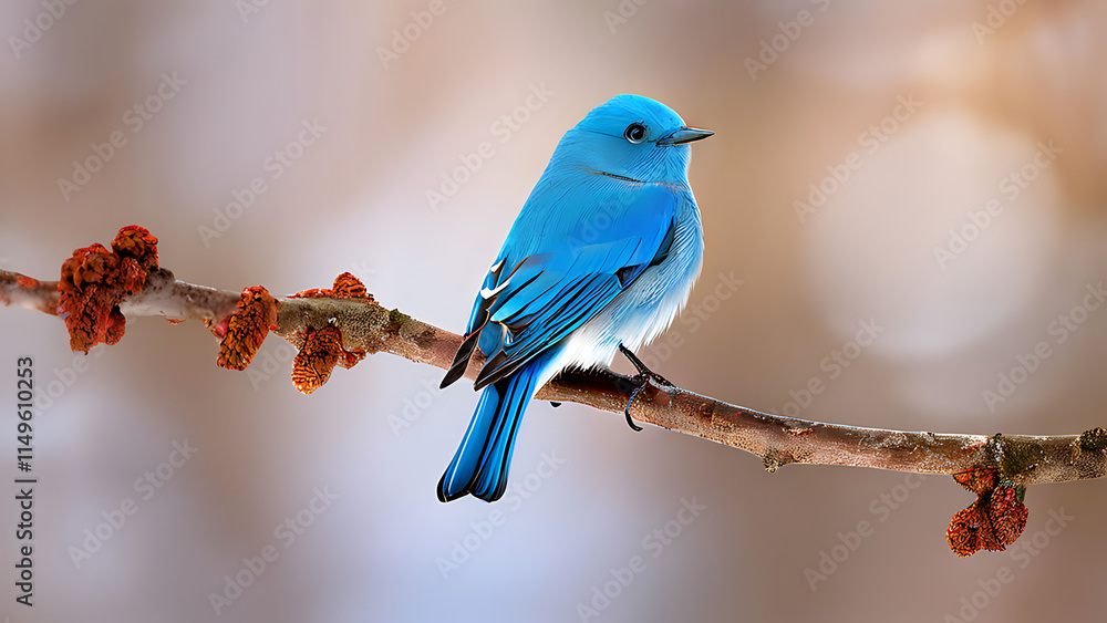 Obraz premium A blue bird perches on a tree branch, surrounded by yellow foliage The background is softly blurred 