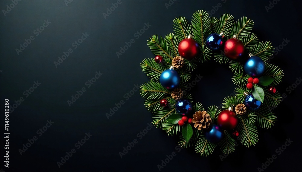 Christmas wreath adorned with red and blue glass balls pinecones and holly on black backdrop, pinecone, wreath, Christmas wreath adorned with red and blue glass balls pinecones and holly on black backdrop, pinecone, wreath,
