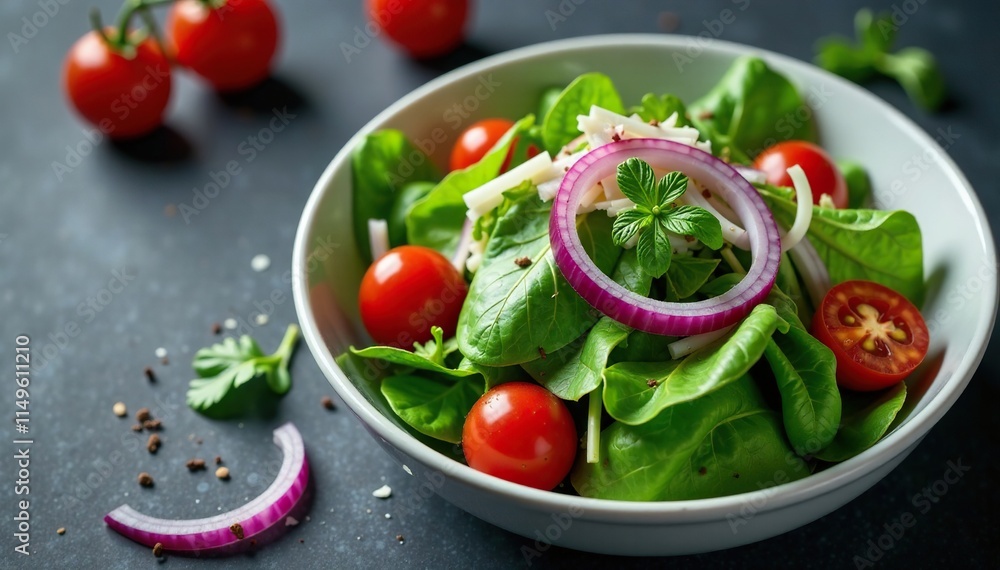 Fresh mixed greens salad in a white bowl on a dark grey background with cherry tomatoes and thinly sliced red onion, salad, lunch Fresh mixed greens salad in a white bowl on a dark grey background with cherry tomatoes and thinly sliced red onion, salad, lunch