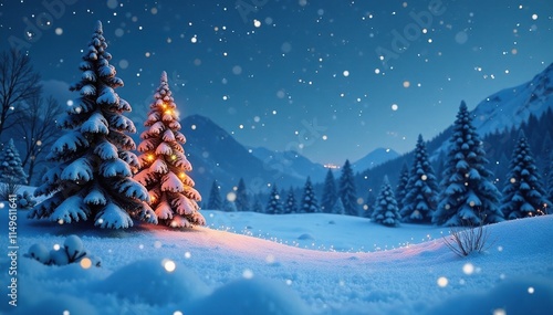 Gray and blue icy landscape with Christmas trees and lights in the background, blue, holiday