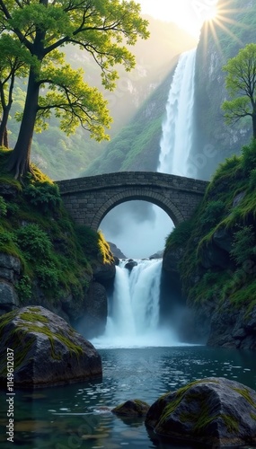 misty morning veil surrounds ancient stone bridge with small waterfall, stone, landscape, waterfall