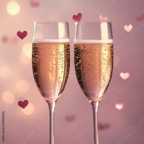 Romantic Champagne Toast: Two Glasses of Sparkling Ros? with Pink Hearts Celebration photo