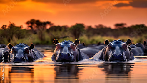 Wallpaper Mural Hippo splashing in water at sunset.
 Torontodigital.ca