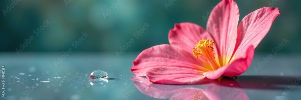 A single large water drop suspended in mid-air next to a flower petal, photography, watercolor, still life A single large water drop suspended in mid-air next to a flower petal, photography, watercolor, still life