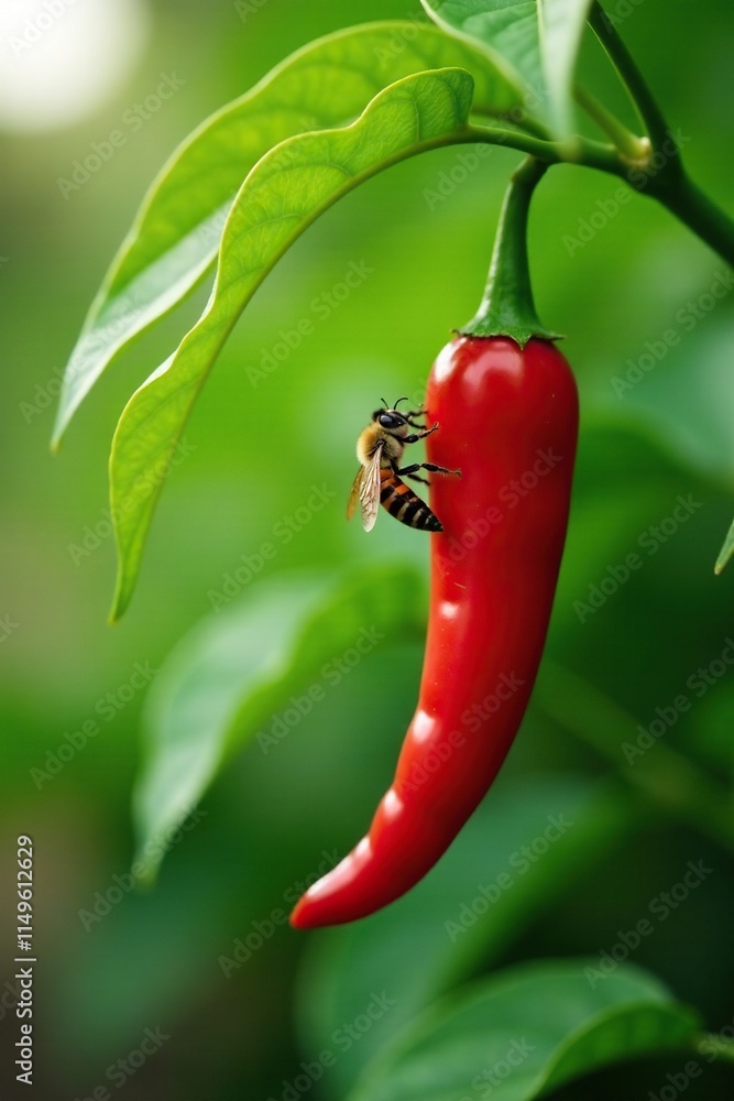 Ripe red chilli plants with bees collecting nectar, nature, red chilli, insect Ripe red chilli plants with bees collecting nectar, nature, red chilli, insect