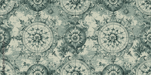 Beautiful vintage floral pattern in teal and cream tones.