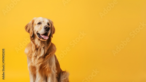 A cute Golden Retriever sitting on yellow background