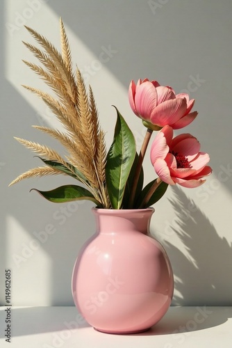 Rustic pink vase with dried flowers and greenery, Ruscus, Palm Fronds